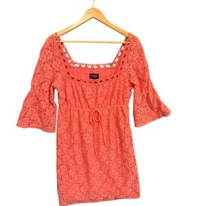 Laundry by Shelli Segal Coral Pink Lace Bell Sleeve Mini Dress Sz M Coquette